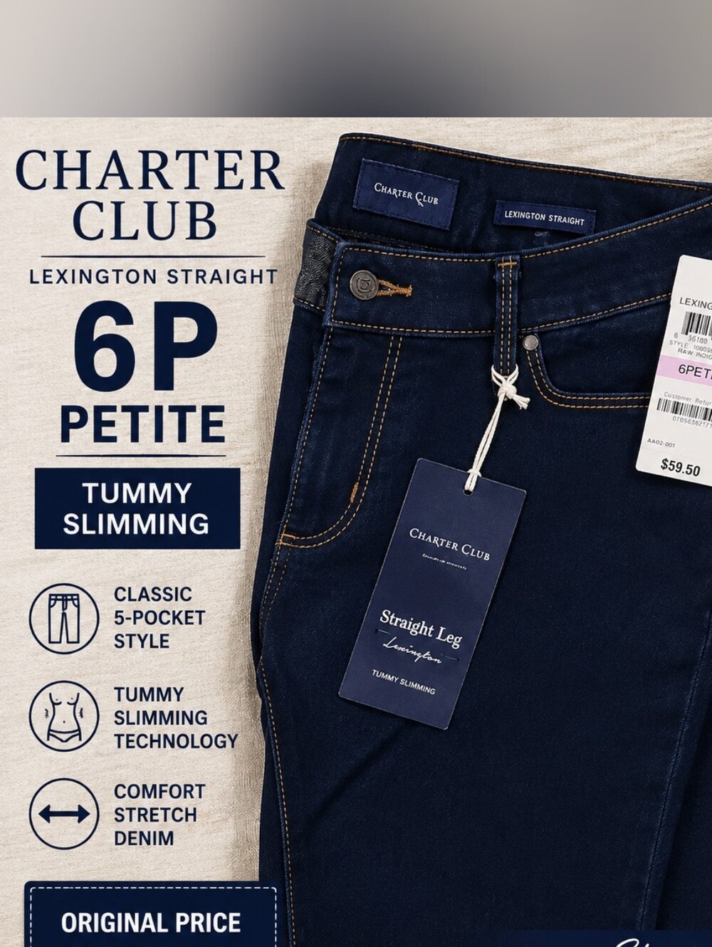 NWT Charter Club Lexington Straight Leg Jeans 6P Petite Tummy Slim Dark Indigo
